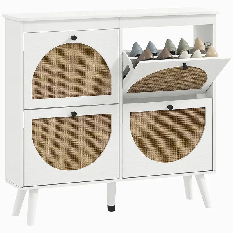 HOMCOM Dulap de pantofi 4 plier 20 de perechi raft ajustabil stil boem picioare din lemn masiv 105 x 24 x 97.5 cm alb | Romania