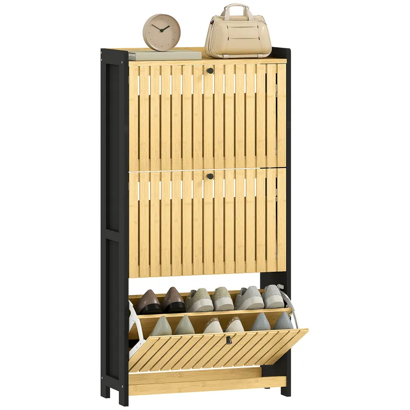 HOMCOM Mobila pentru pantofi 18 perechi cu 3 sertare rabatabile, uși din bambus cu lamele, 60x24x118cm, negru și lemn natural | Romania