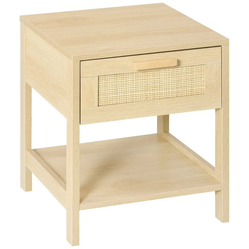 HOMCOM Noptieră Modernă din MDF, Design cu Sertar și Raft pentru Depozitare, 40x40x48 cm, Culoare Lemn Natur | Romania