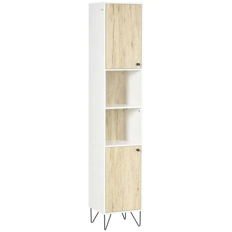Kleankin Dulap Înalt Baie, 2 Rafturi Deschise, 2 Dulapuri, Design Modern, Natural/Alb | Romania