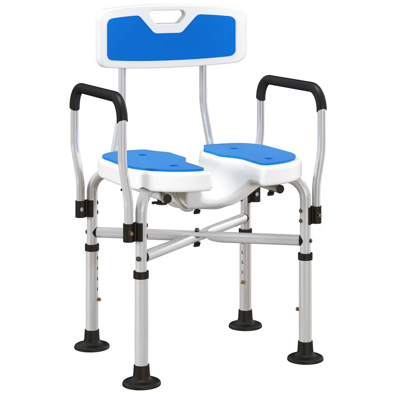 HOMCOM Scaun de Duș cu Spătar, Brațe, Șezut Canelatat, Bare de Ranforsare și Înălțime Reglabilă, 53x41,5x78,5-91,5 cm, Albastru | Romania
