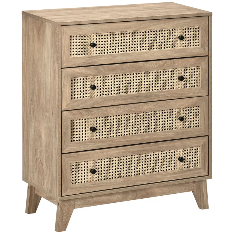 HOMCOM Comodă cu 4 Sertare Stil Boho din Ratan 80x35x95 cm Lemn Natural | Romania
