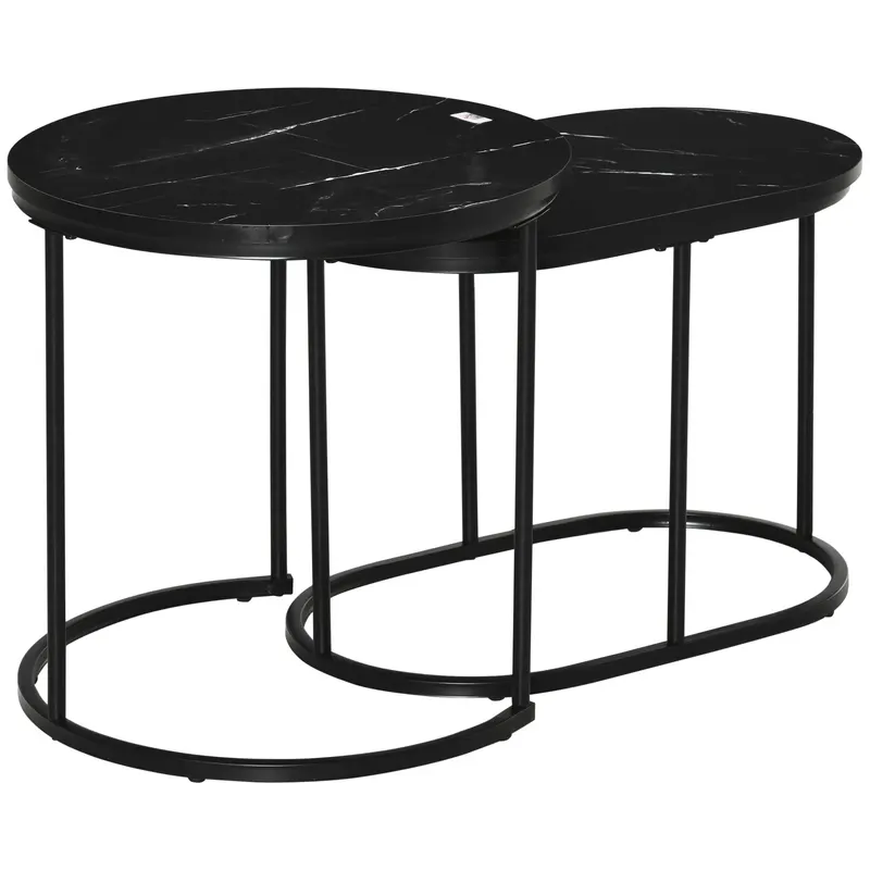 HOMCOM Set 2 Măsuțe de Cafea cu Blat cu Efect de Marmură din MDF și Oțel Negru | Romania