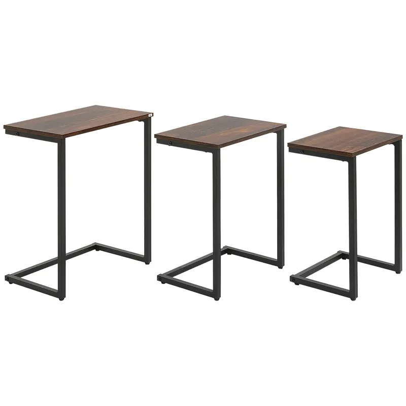 HOMCOM Masă laterală, Masă de cafea, Set de 3, Design industrial, Cadru din oțel, maro+negru, 45 x 30 x 60 cm | Romania