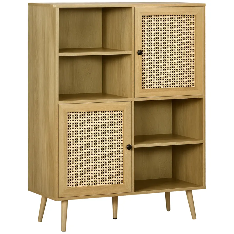 HOMCOM Bufet mobilier de depozitare dulap înalt aspect lemn și răchită design 2 uși - dim. 90L x 32,5l x 120Î cm | Romania