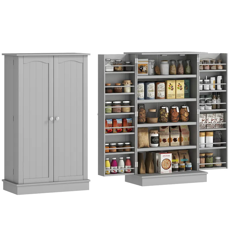 HOMCOM Dulap mobilier de bucătărie cămară cu 2 uși cu 5 rafturi și 12 suporturi pentru condimente - 60 x 30 x 104 cm - gri | Romania