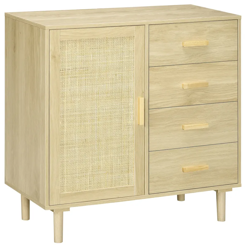 HOMCOM Bufet rotin cu dulapuri cu ușă cannage și 4 sertar, 80 x 38 x 80,5 cm, efect lemn natural | Romania