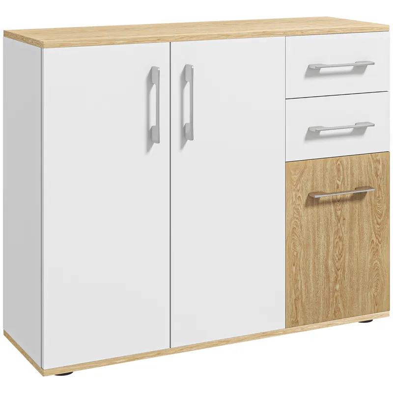 HOMCOM Bufet de Bucătarie cu 2 Sertare 2 Dulapuri și Rafturi Ajustabile pentru Sufragerie 90x30x75,5 cm Alb și Natural | Romania