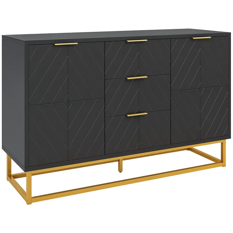 HOMCOM Bufet design contemporan grafic 2 dulapuri usa rafturi reglabile 3 sertare glisante din lemn negru metal aur | Romania