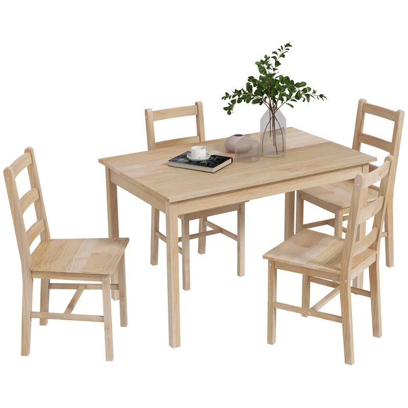HOMCOM Set de masă 5 piese, masă cu scaune, lemn masiv, 118 cm x 73 cm x 75 cm, natur | Romania