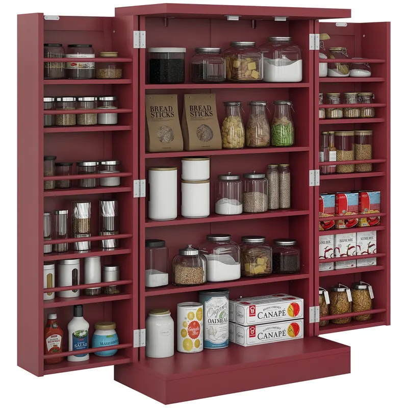 HOMCOM Dulap mobilier de bucătărie despensier 2 uși cu 5 rafturi și 12 recipiente pentru mirodenii - 60 x 30 x 104 cm - roșu | Romania