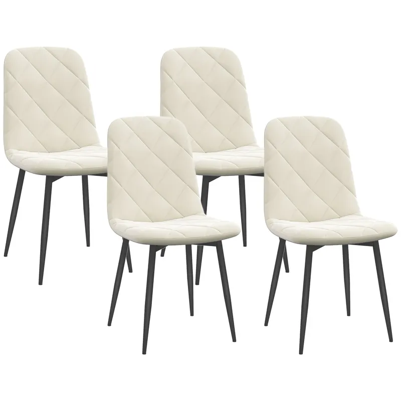 HOMCOM Set de 4 scaune de diningroom capitonate cu spătar înalt, picioare din oțel și material textil cu aspect de catifea, crem | Romania