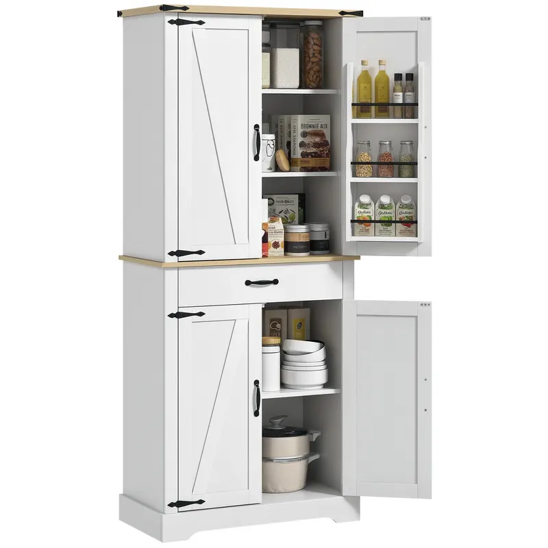 HOMCOM Credință bucătărie bufet bucătărie, 4 uși, 6 rafturi cu uși, 1 sertar și rafturi reglabile 76,5 x 40 x 181 cm alb | Romania