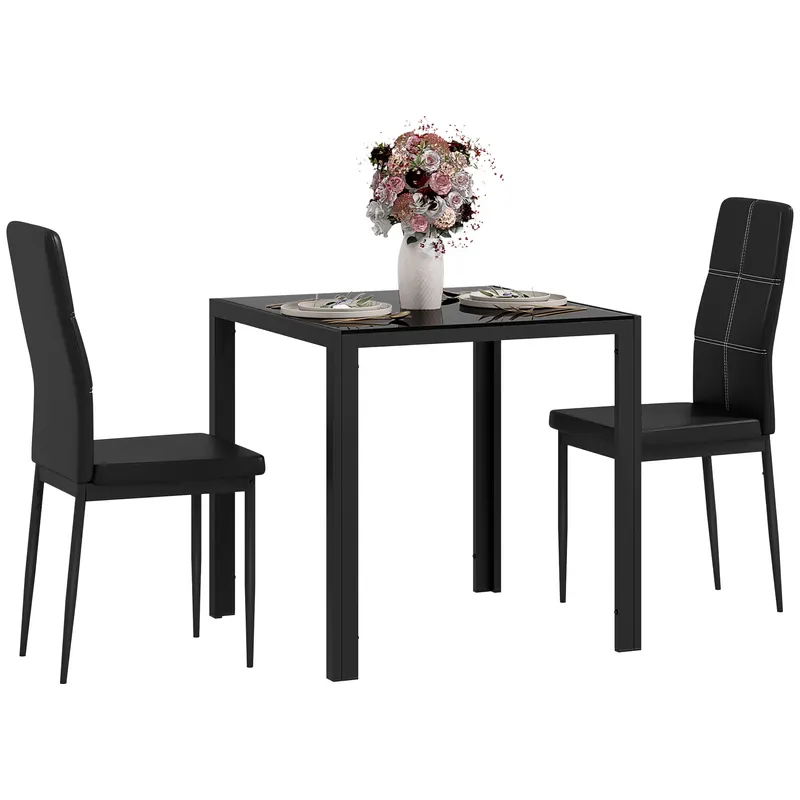 HOMCOM Set masă și scaune pentru 2 persoane, blat rectangular din sticlă, pentru bucătărie living acasă, negru | Romania