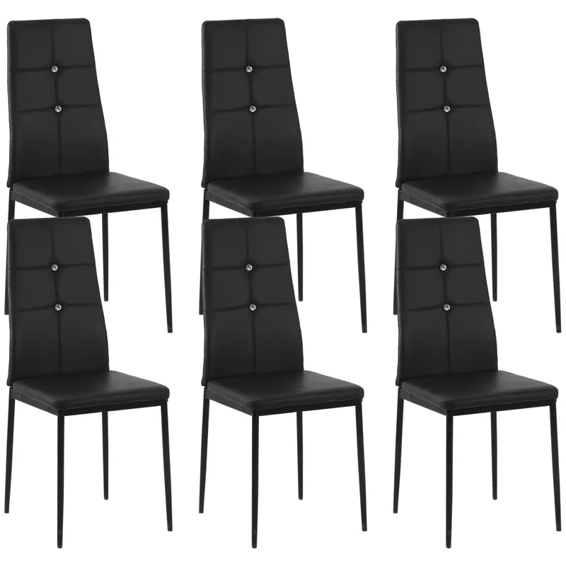 HOMCOM Joc de 6 Scaune de Dining Tapitate în PU cu Spătar Înalt cu Butoane și Picioare de Oțel Design Modern Negru | Romania