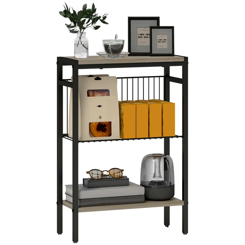 HOMCOM Masă auxiliară îngustă cu 3 nivele cu rafturi de depozitare, cadru din oțel, pentru sufragerie, dormitor, 43x18x62,5cm, gri | Romania