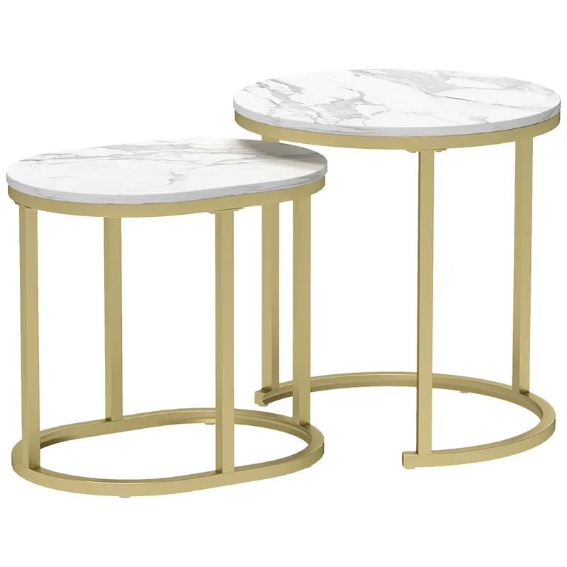 HOMCOM Set 2 Măsuțe de Cafea cu Blat cu Efect de Marmură din MDF și Oțel, Ø50x50.5 cm și 60x36x43.5 cm, Alb și Auriu | Romania
