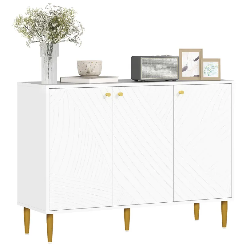 HOMCOM Bufet mobilier de depozitare cu 2 dulapuri, 3 uși rafturi reglabile picioare aurii din oțel 107 x 35 x 77 cm alb | Romania
