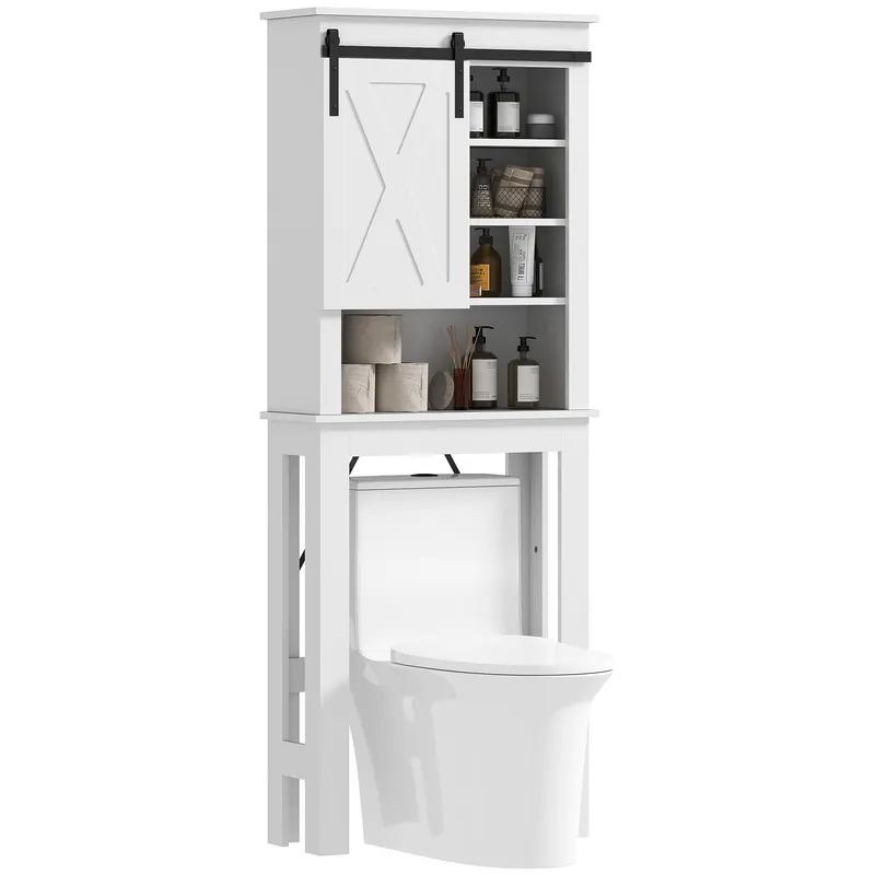 HOMCOM Mobilier WC deasupra toaletei cu ușă glisantă, cu 6 compartimente de depozitare, alb | Romania