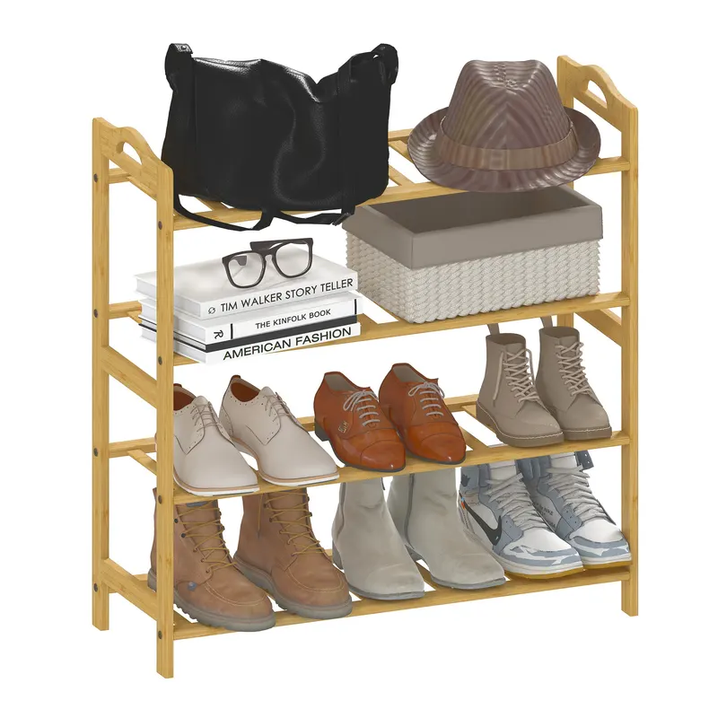 HOMCOM Etajeră pentru pantofi din bambus cu 4 nivele, suport pentru 12 perechi, 67,5 x 24,7 x 72 cm, efect lemn natural | Romania