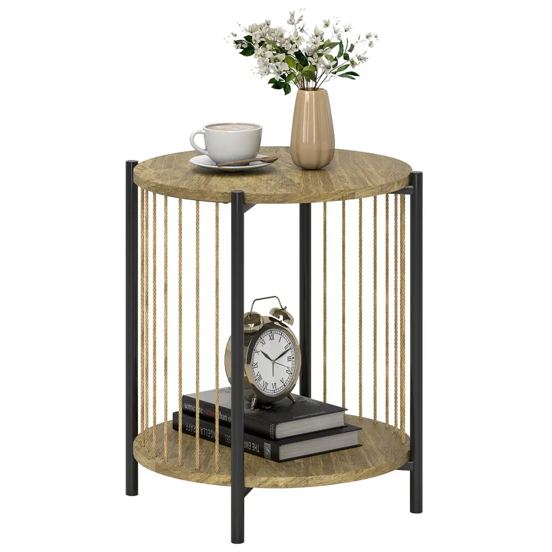 HOMCOM Masă Auxiliară Rotundă de 2 Nivele cu Raft și Structură de Oțel pentru Sufragerie Dormitor 43,5x43,5x51 cm Lemn Natural | Romania