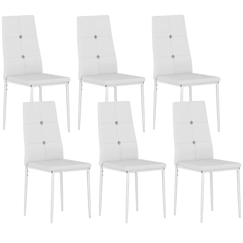 HOMCOM Set de 6 Scaune de Dining Tapizate în PU cu Spătar Înalt cu Butoane și Picioroare de Oțel Design Modern Alb | Romania