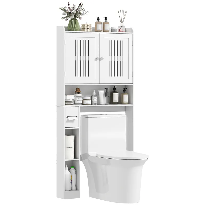 HOMCOM Mobilier WC deasupra toaletei mobilier baie cu dulap cu două uși și suport pentru hârtie 80x19,5x170cm alb | Romania
