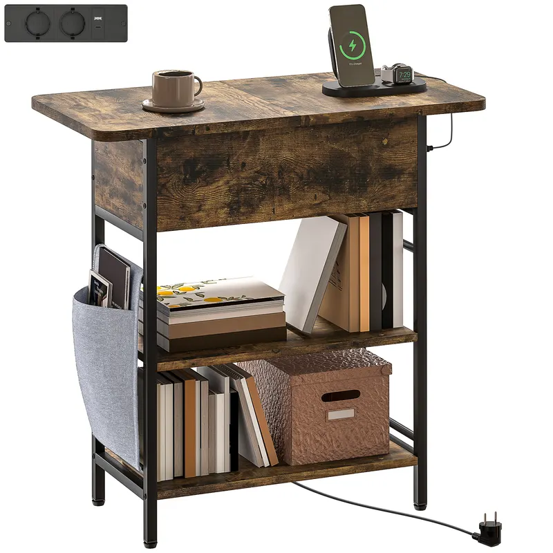 HOMCOM Măsuță de cafea măsuță de cafea cu stație de încărcare și buzunar de depozitare, 60 x 29,8 x 58,5 cm, brun rustic | Romania