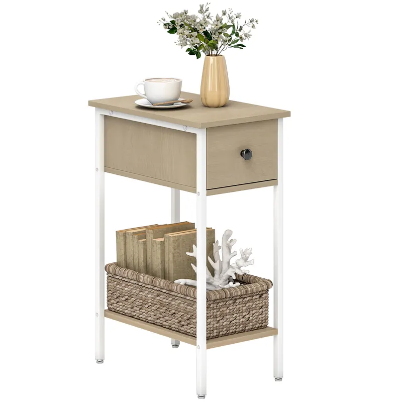 HOMCOM Masă Auxiliară Îngustă cu Sertar Raft Deschis și Structură Metalică pentru Sufragerie Dormitor 25x39,8x58,2 cm Lemn Natural | Romania