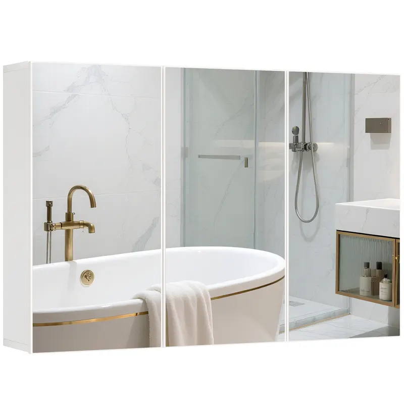 HOMCOM Dulap cu oglindă pentru baie, Badschrank cu 3 uși cu oglindă, Montaj pe perete, 90 x 15,5 x 60 cm, Placă de fibră, Alb | Romania