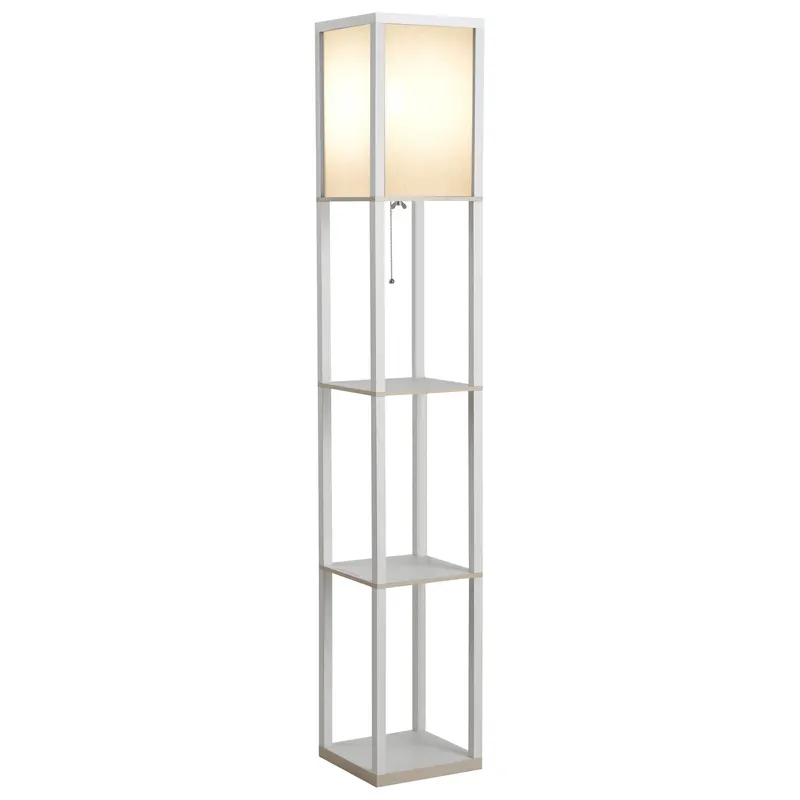 HOMCOM Lampă de Podea 40W cu 3 Rafturi Integrate și Comutator de Picior, Lampă Modernă din MDF și Acrilic, 26x26x160 cm, Alb | Romania