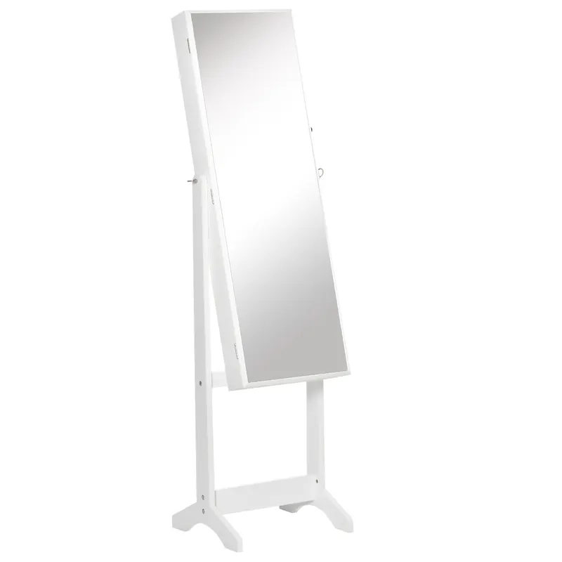 HOMCOM Oglindă Portbijuterii, Dulap Portbijuterii cu Unghi Reglabil, Organizator pentru Inele, Coliere, Cercei, Încuietoare cu Cheie, pentru Dormitor, Living, 46x36.5x151.5cm, Alb | Romania