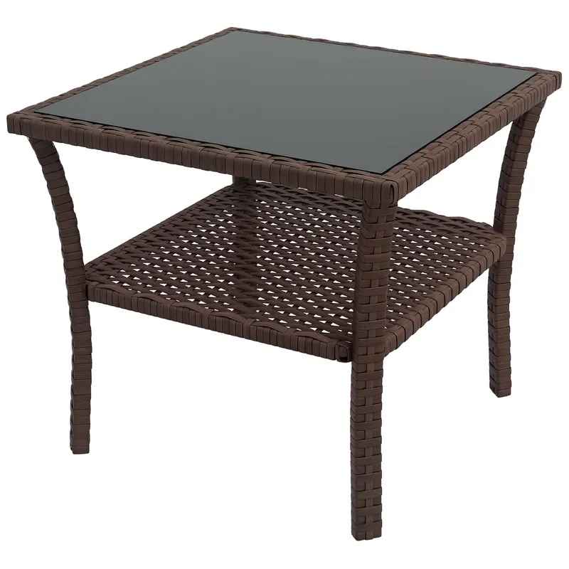 Outsunny Masă auxiliară din rășină împletită cu 2 nivele 50x50x45cm, masă de cafea pentru grădină pătrată cu blat de sticlă securizat, maro | Romania