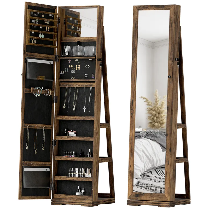 HOMCOM Armoire de Bijuterii pivotantă, blocabilă, cu oglindă - Dulap Bijuterii Multi-Depozitare - Brun Rustic | Romania