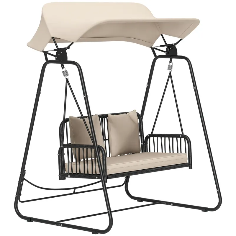 Outsunny Hollywoodschaukel din ratan pentru 2 persoane, cu acoperiș reglabil, perne, cu o capacitate de încărcare de până la 240 kg, 149 x 121 x 180 cm, kaki | Romania