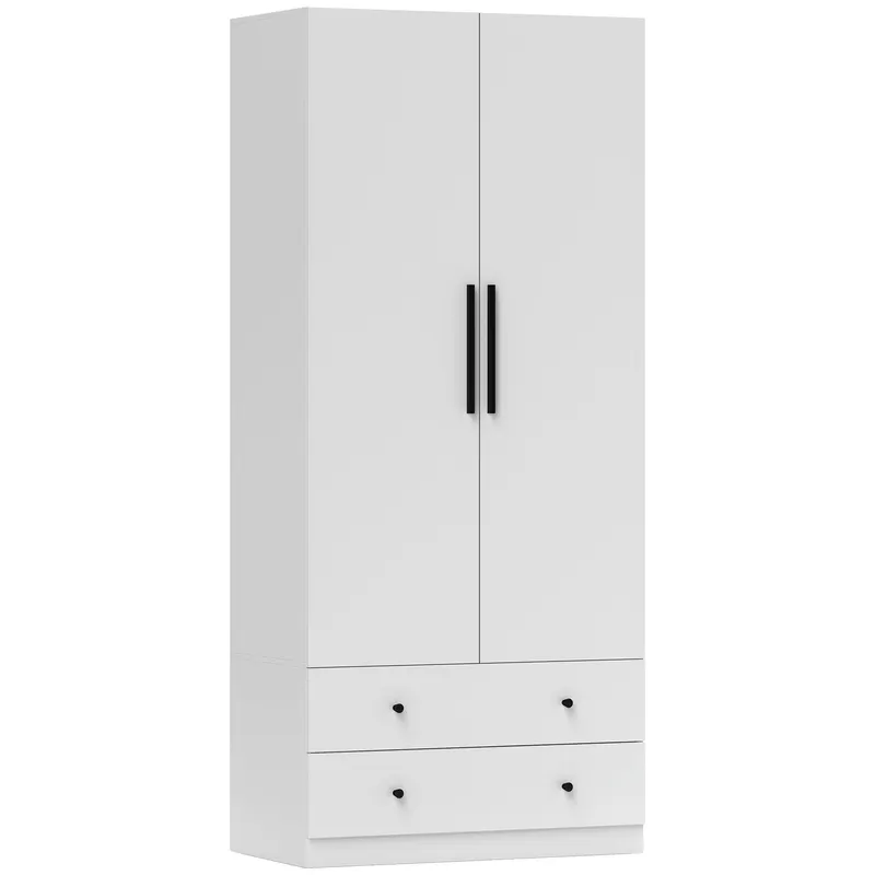 HOMCOM Dulap cu Uși, Zonă de Atârnare, Bară de Haine, 2 Sertare, Placă de Particule, Alb | Romania
