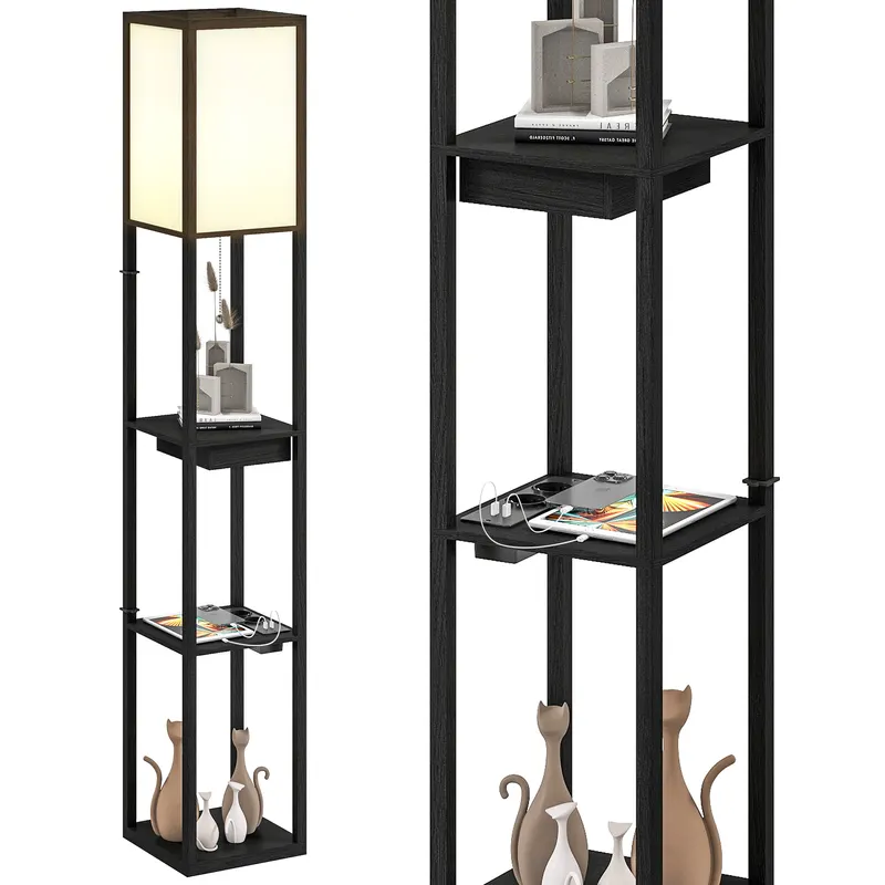 HOMCOM Lampadaire modern cu LED-uri și rafturi cu port USB A+C, comutator la picior pentru salon, cameră, birou, negru | Romania