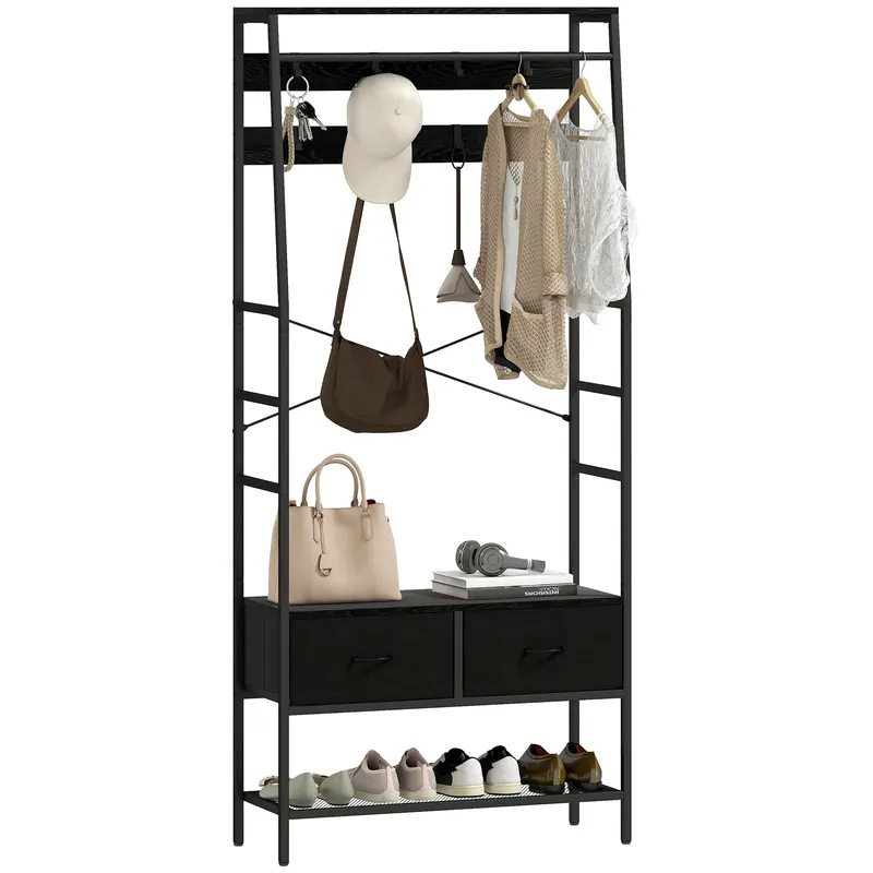 HOMCOM Suport pentru haine industrial cu 2 sertare textile, raft, 8 cârlige și cadru din oțel, 80 x 30 x 180,5 cm, negru | Romania