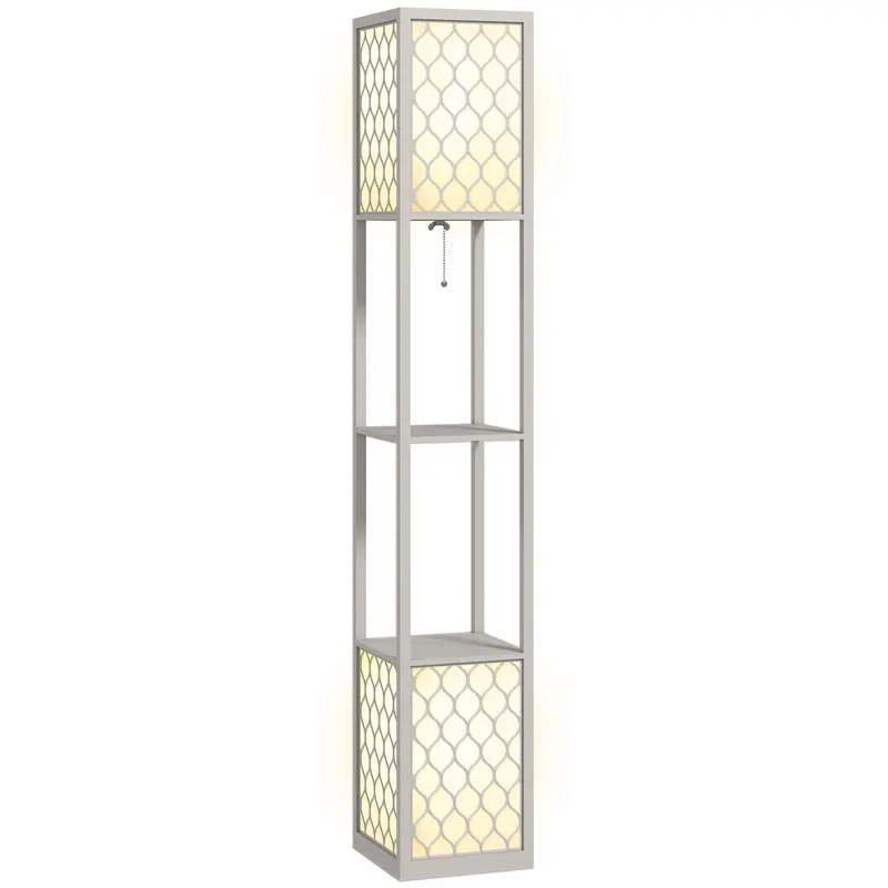 HOMCOM Lampadar cu rafturi 2 lampi 2 rafturi 4 nivele MDF gri model de fagure 26 x 26 x 156 cm gri | Romania
