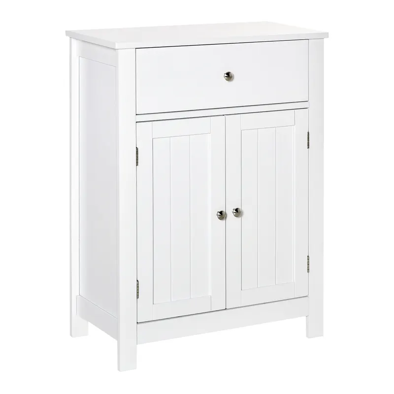 Kleankin Dulap de Baie cu 1 Sertar 2 Uși și Raft Interior Reglabil Mobilier Auxiliar de Depozitare Multifuncțional pentru Sufragerie Bucătărie Antivuelco 60x30x80 cm Alb | Romania