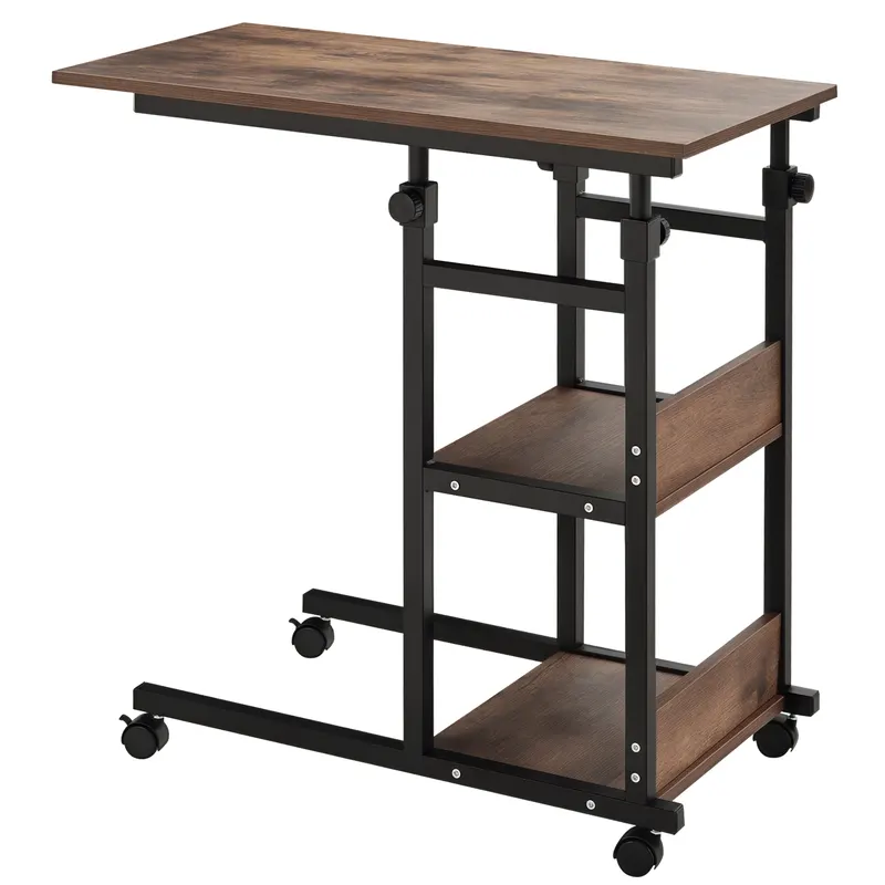 HOMCOM Masă auxiliară cu role, reglabilă pe înălțime, compactă, 2 rafturi, cadru metalic, 80x40x72-82 cm, Maro/Negru | Romania