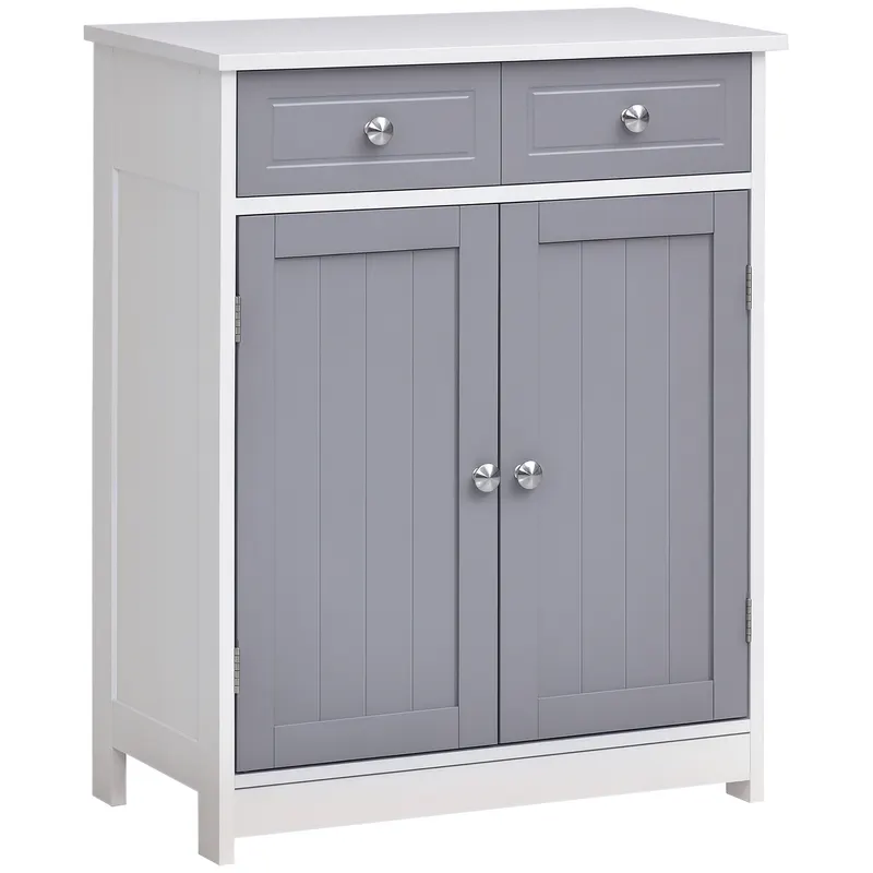 kleankin Mobilier de baie pe picior, dulap de baie 2 uși 2 sertare 60 x 30 x 75 cm gri și alb | Romania