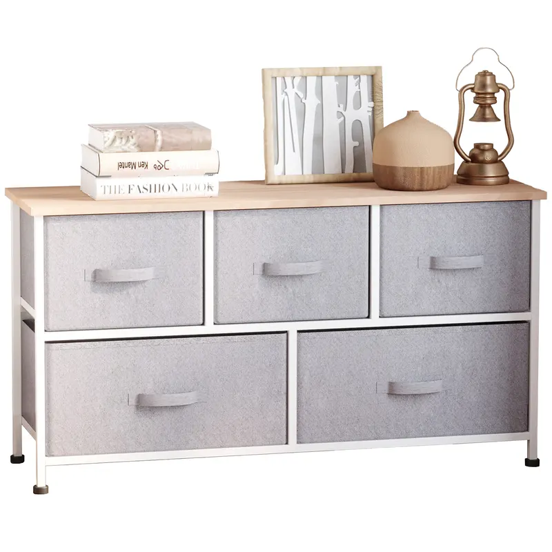HOMCOM Comodă mobilier de depozitare 100 x 30 x 54 cm 5 sertare netesut gri structură oțel alb lemn deschis | Romania