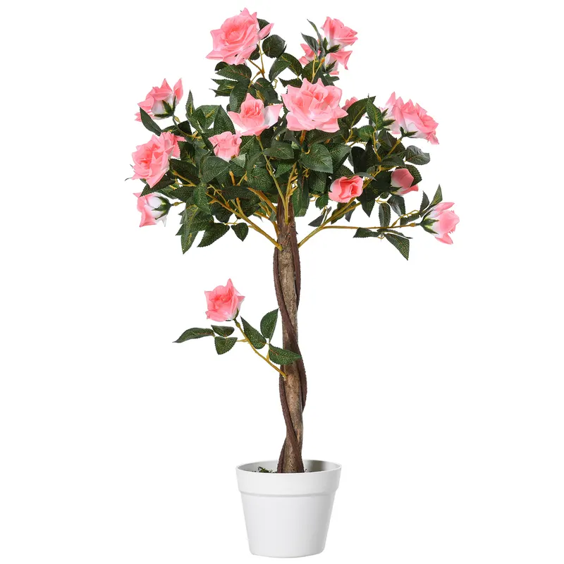 Outsunny Plantă Artificială de Trandafiri cu 21 de Flori, Ghiveci Umplut cu Ciment și Mușchi, Ø18x90 cm, Roz | Romania