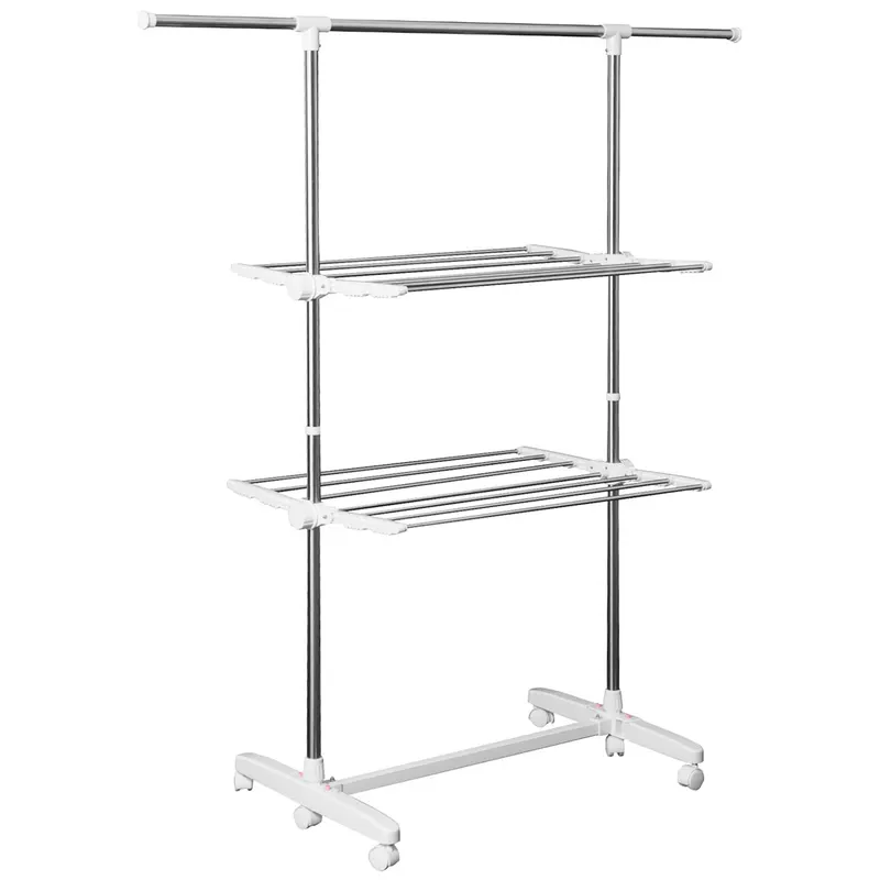 Suport de rufe HOMCOM, extensibil, cu 3 niveluri, cu brațe pliabile, roti, uscător de rufe pentru interior și exterior, Alb, 83-136,5 x 45,5 x 154 cm | Romania
