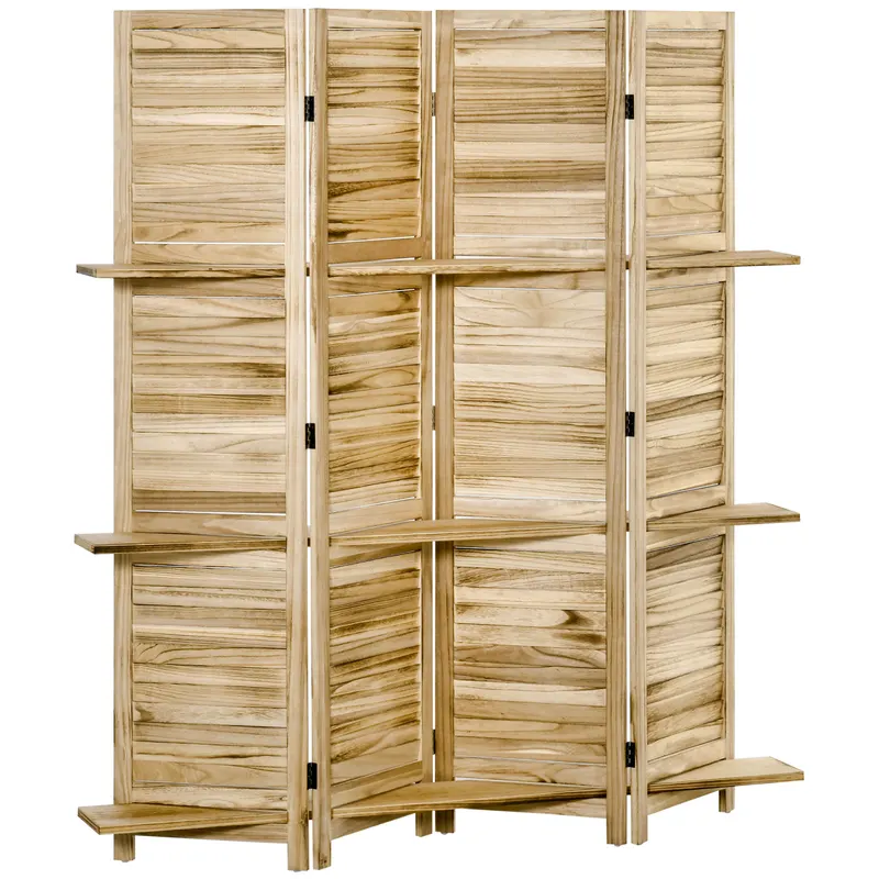 HOMCOM Paravan separator interior pliabil cu 4 panouri și rafturi din lemn de paulownia, 162x170 cm, Lemn | Romania