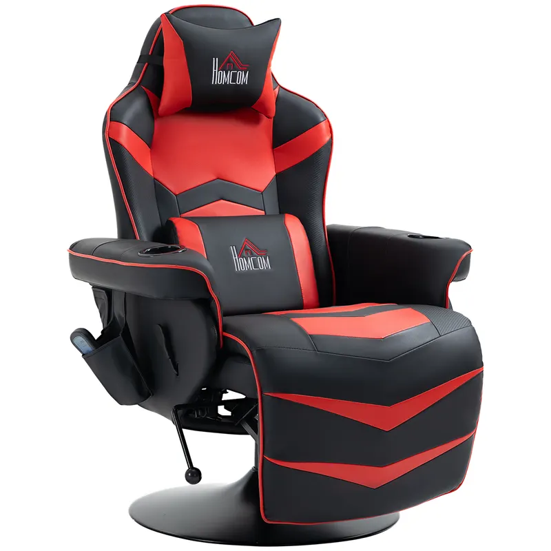 HOMCOM Scaun de Gaming cu Masaj, Suport pentru Picioare și Pernă, din Piele Sintetică, 78x80x111,5 cm, Negru și Roșu | Romania