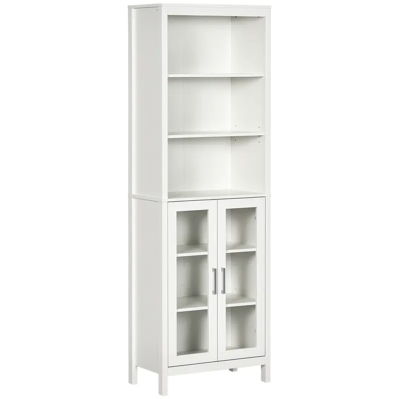 kleankin Colțar de Baie cu 2 Uși de Sticlă și 3 Rafturi Mobilier Auxiliar de Stil Modern 53x30x162 cm Alb | Romania