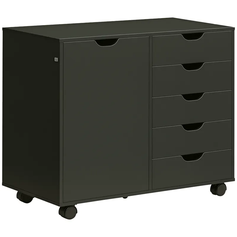 HOMCOM Cazior de birou cu 5 sertare 1 ușă raft reglabil, suport imprimantă pe role, 78x40x66,5 cm, negru | Romania