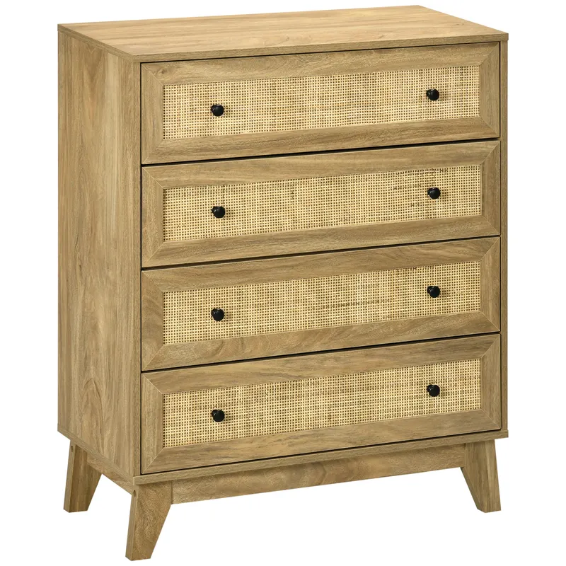 HOMCOM Cómoda cu 4 Sertare Comoda de Lemn cu Fronturi de Ratan Stil Cannage pentru Dormitor 80x35x95 cm Natural | Romania